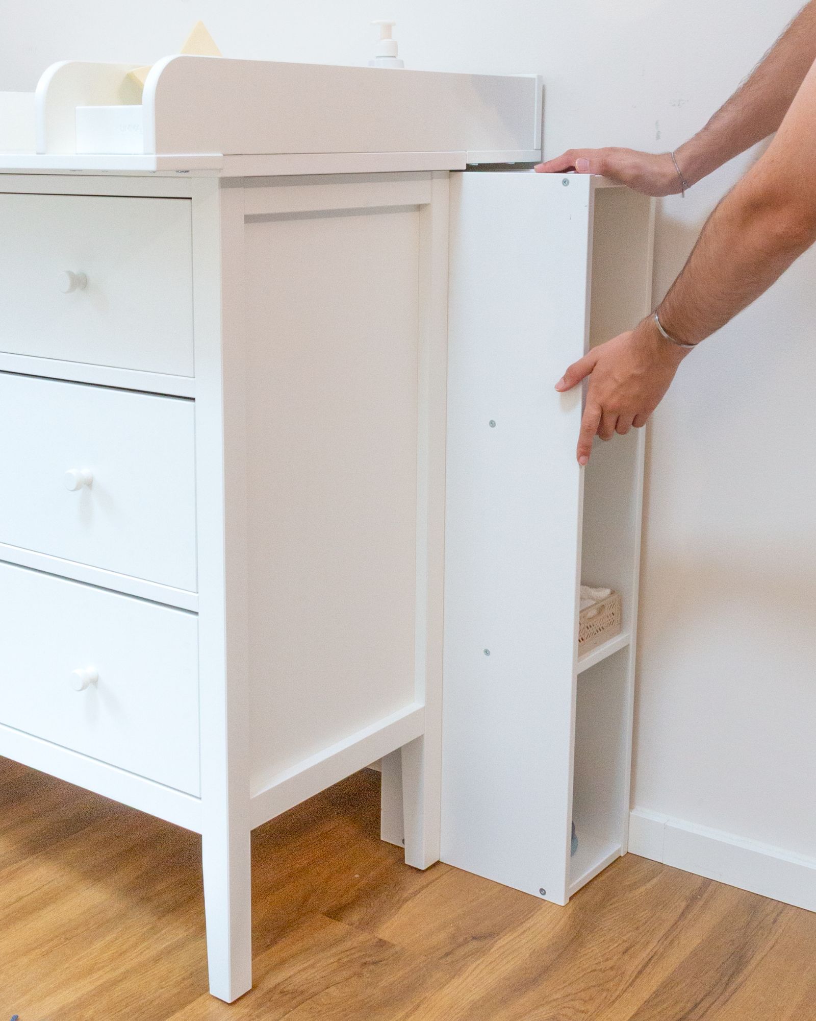 changing-table, dresser, white-furniture, wood-floor, storage-shelf