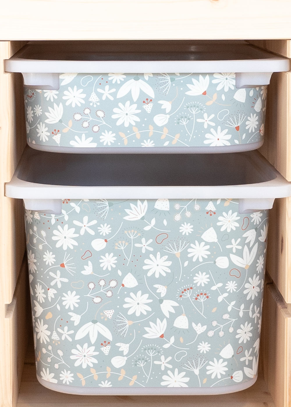 stickerset ikea trofast box klein blumig eukalyptus 2, Aufbewahrungsbox, Kunststoff, Blaugrau, Blumenmuster, Deckel