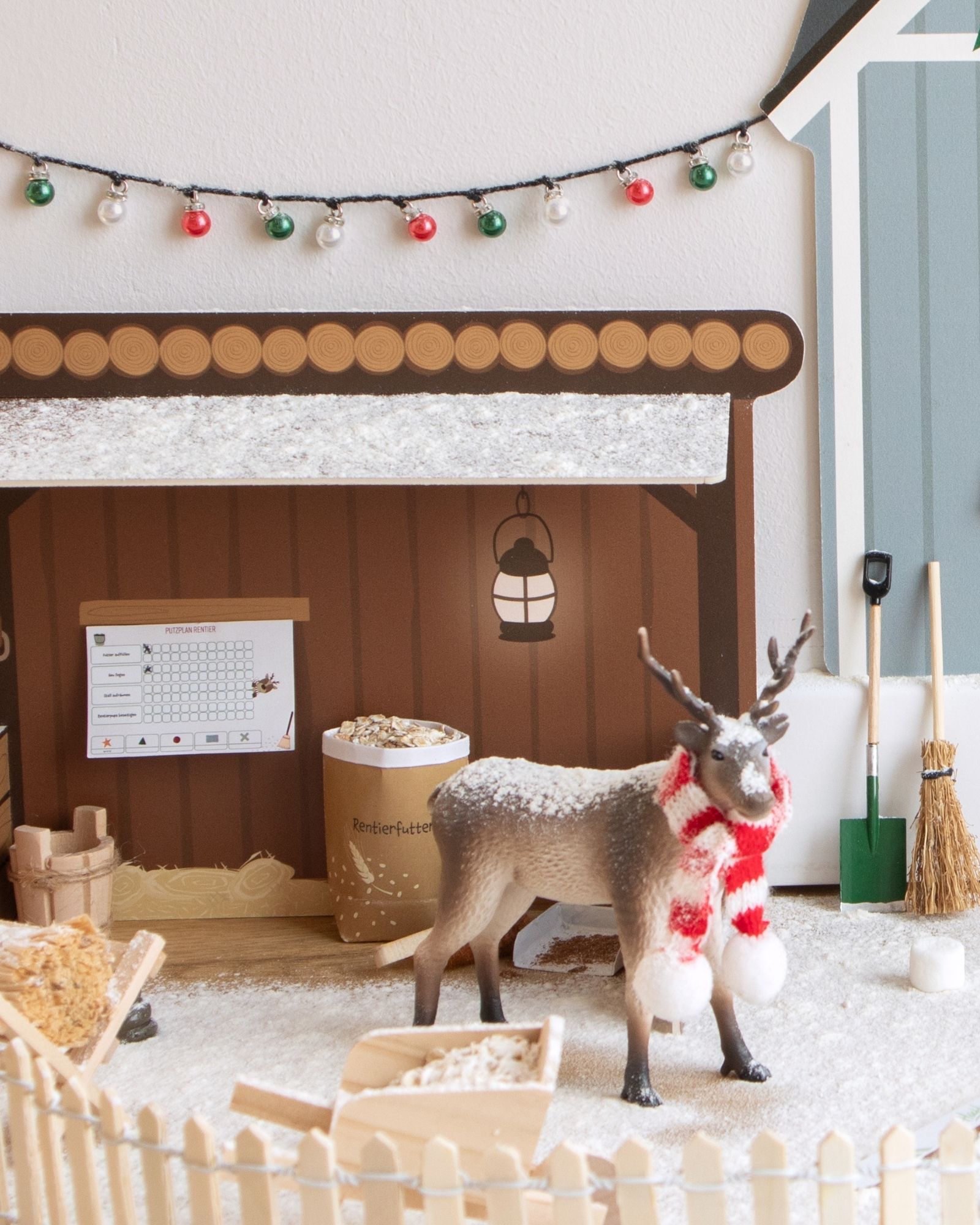 weihnachtsdeko, rehe, szene, stall, erdfarben
