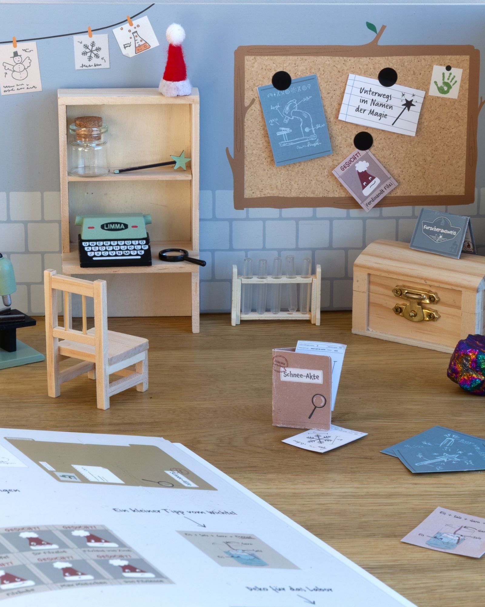 typewriter, wooden shelf, laboratory, notebook, corkboard