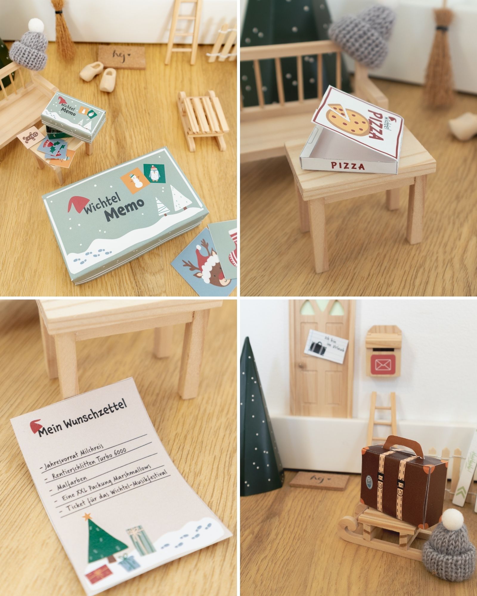 Memoryspiel, Pizza-Box, Mini-Möbel, Holztisch, Geschenkanhänger
