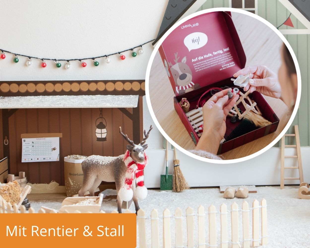 Miniatur, Winterszene,  Rentier, Zaun, Bastelset, Weihnachtsdeko, Rentier, Stall, Miniaturwelt, Holzzug