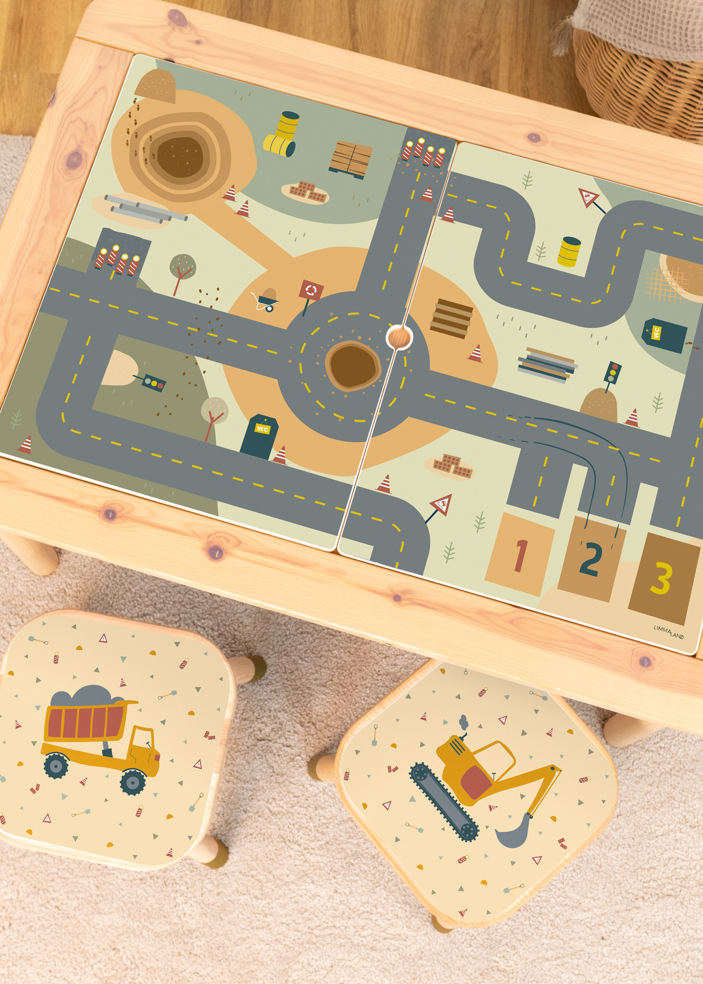 Spieltisch mit aufregendem Baustellenmotiv Spielstraße Klebefolie für das Kinderzimmer verwenden