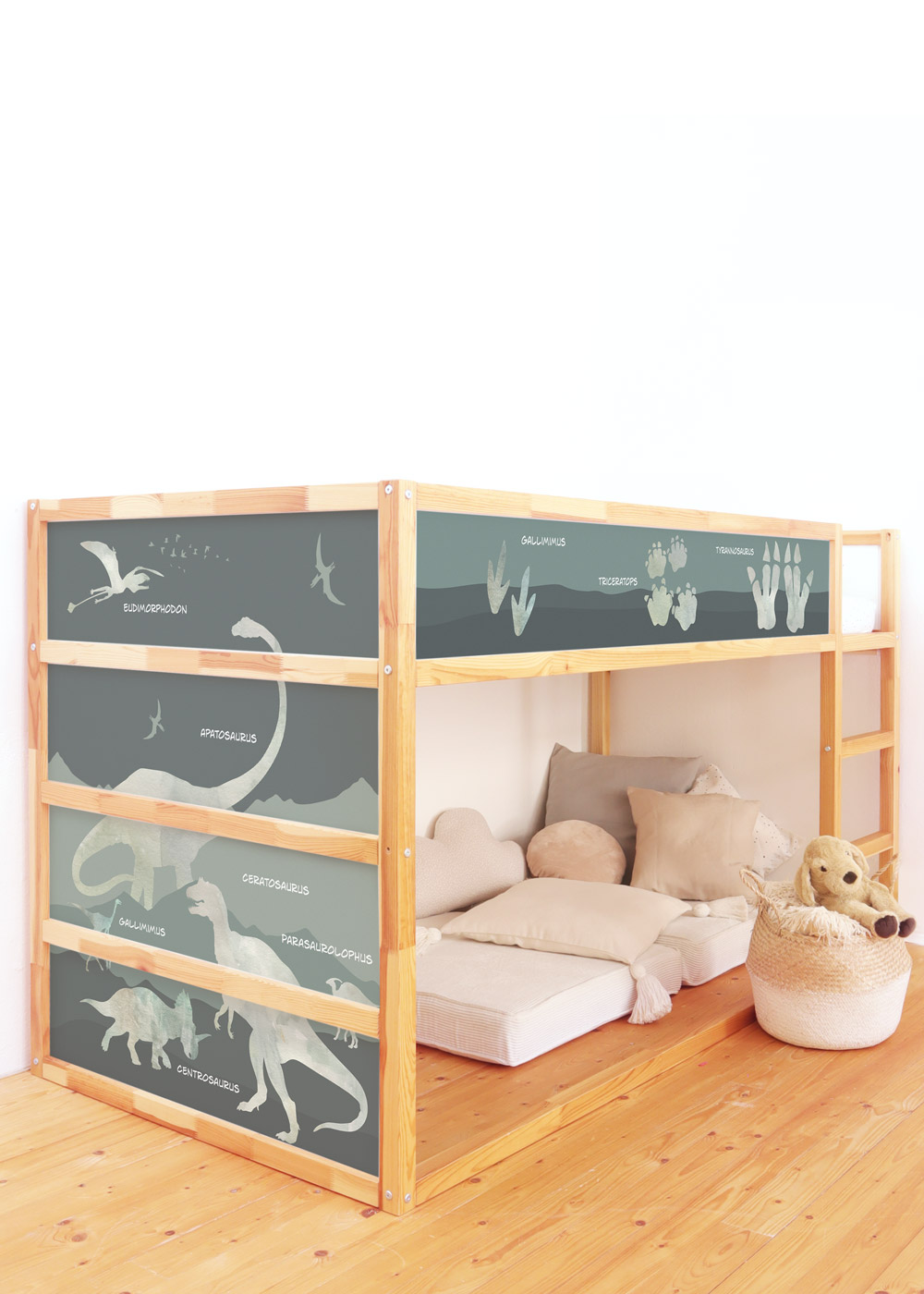 Ikea Kura Hochbett Dino Gesamtansicht mit Kissen