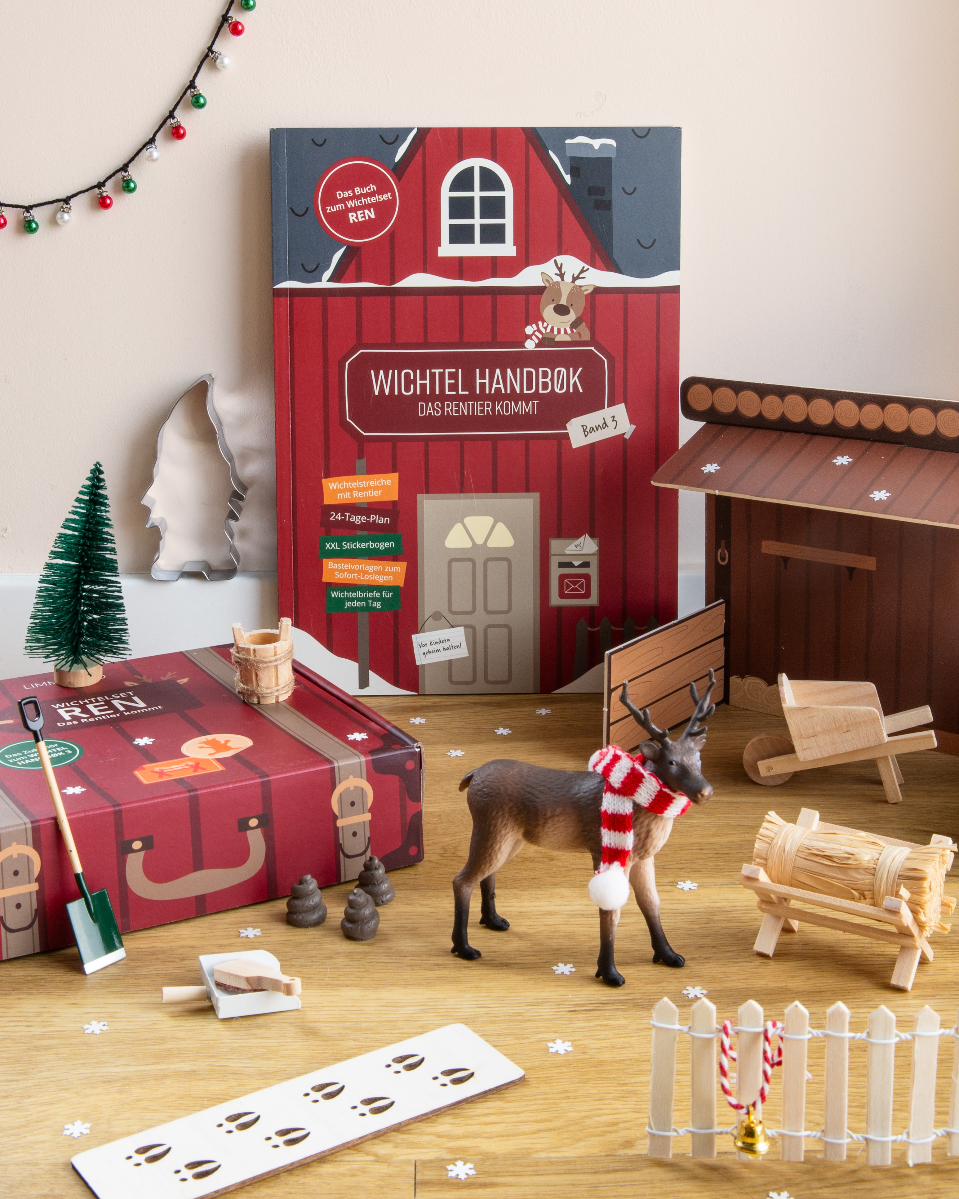 Adventskalender, Holzspielzeug, Kleinmodell, Rentier, Winterlandschaft