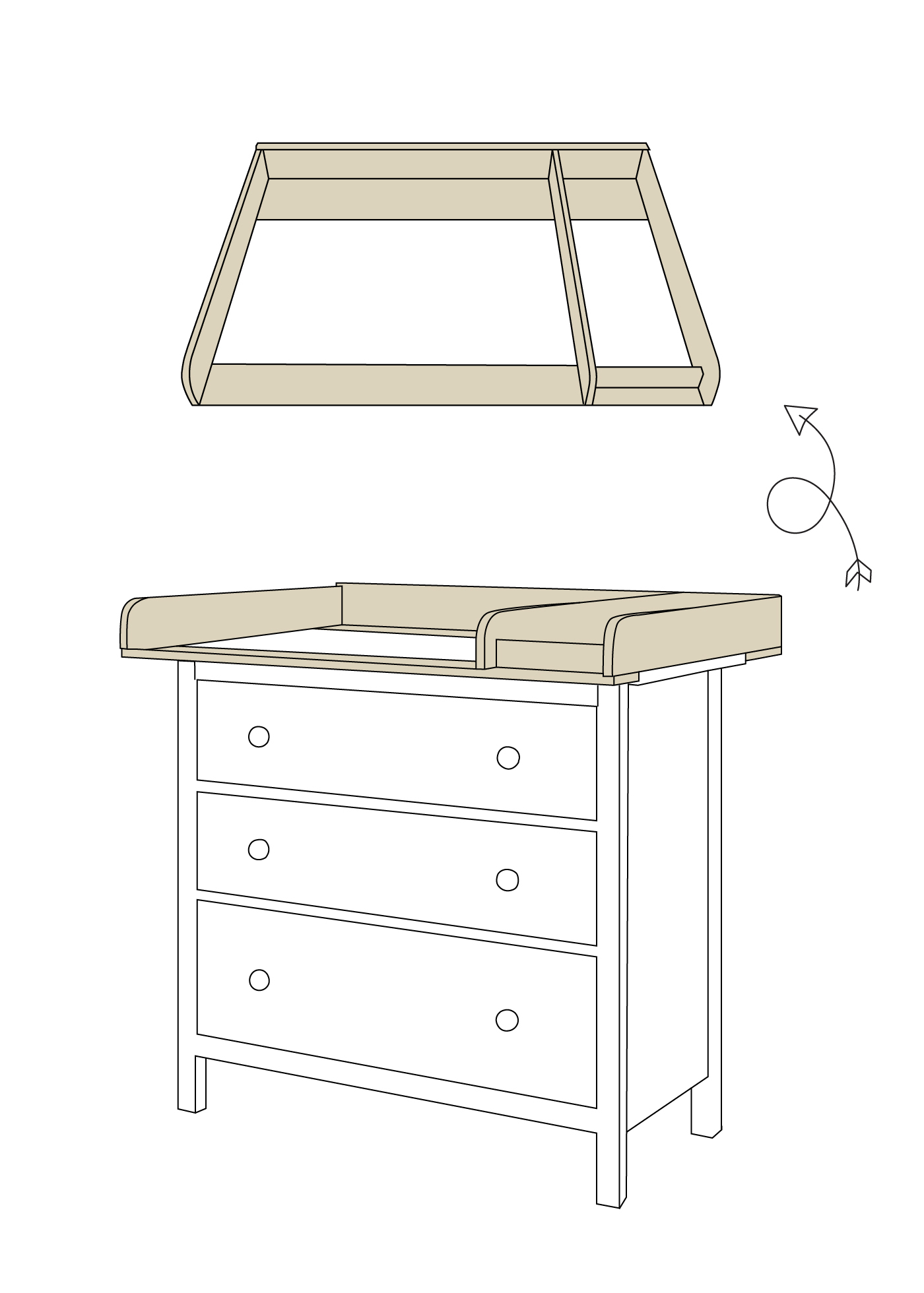 Skizze des Wickelaufsatzes mit Wickelauflage für die Ikea Hemnes Kommode Skizze des Wickelaufsatzes mit Wickelauflage für die Ikea Hemnes Kommode