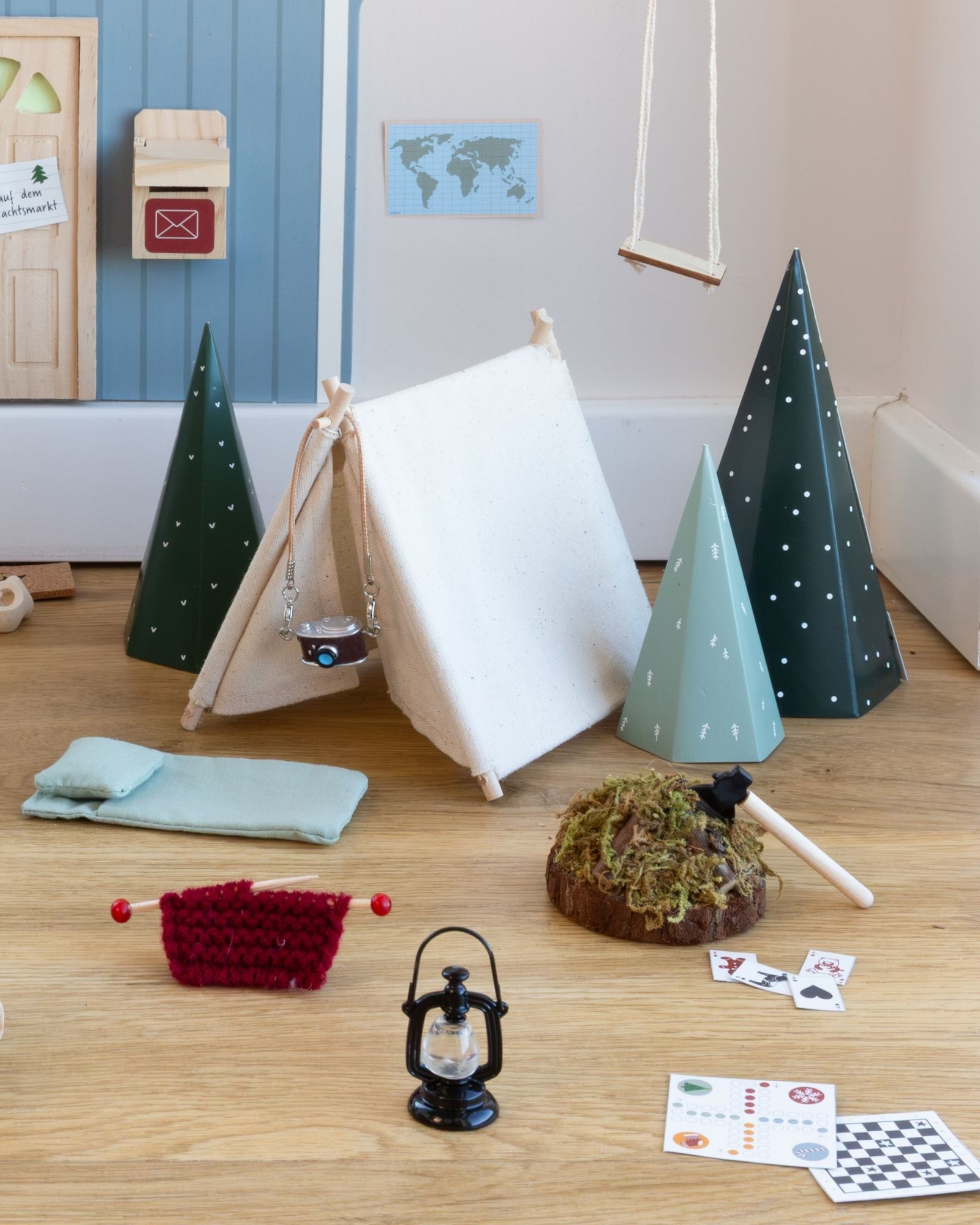 Miniature scene, Christmas decor, Wooden toys, Lantern, Sleigh/slide accessories