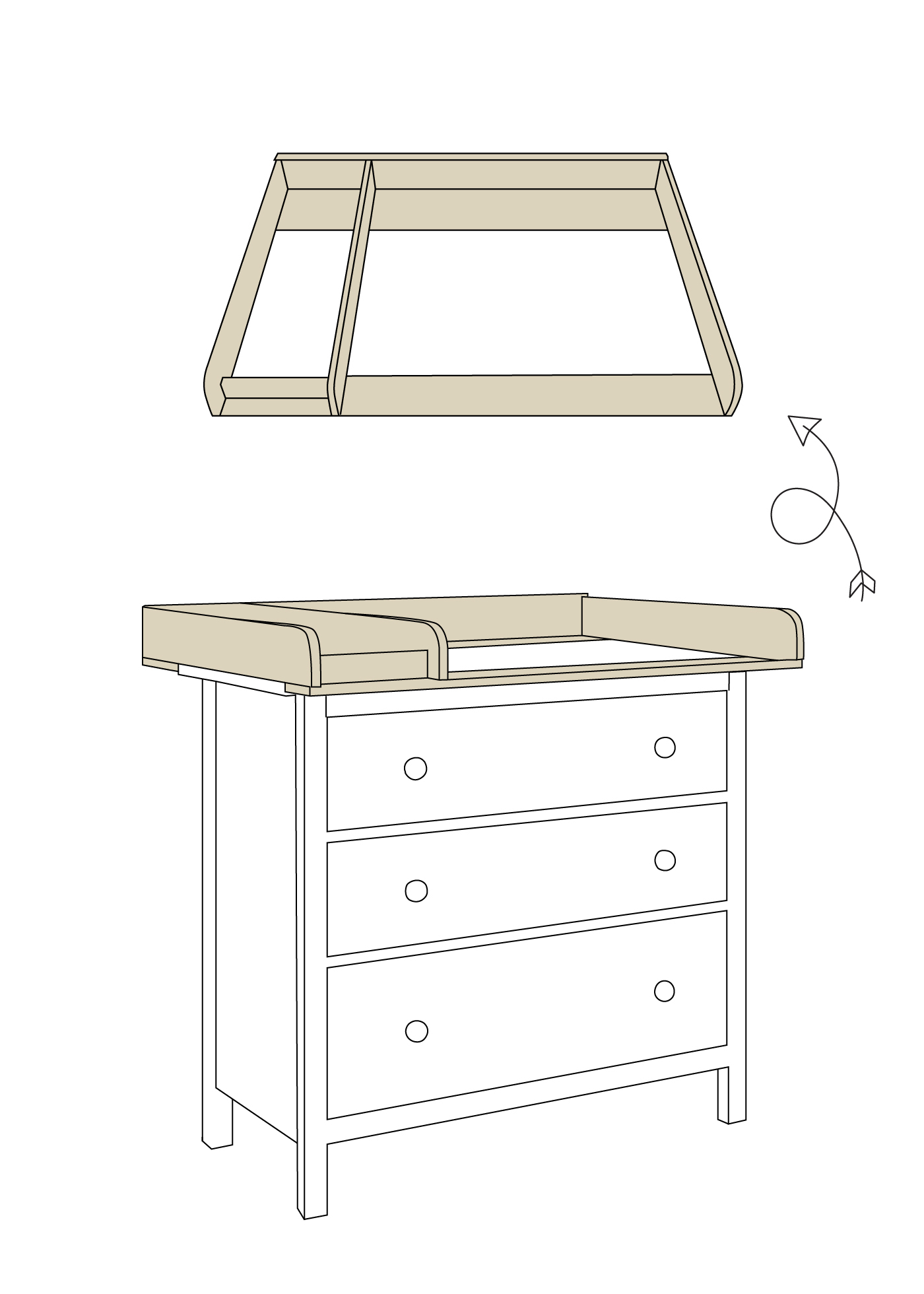 Skizze des Wickelaufsatzes mit Wickelauflage für die Ikea Hemnes Kommode Skizze des Wickelaufsatzes mit Wickelauflage für die Ikea Hemnes Kommode