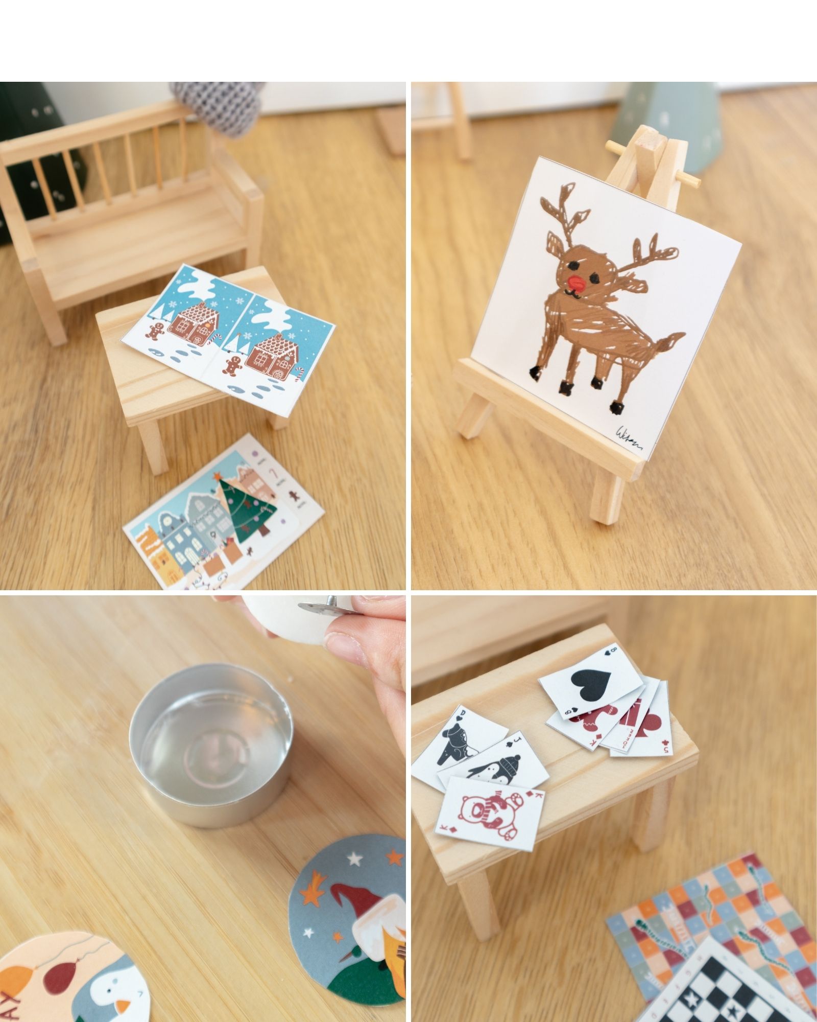 Miniature furniture, Wooden table, Christmas cards, Drawing kit, Miniature easel