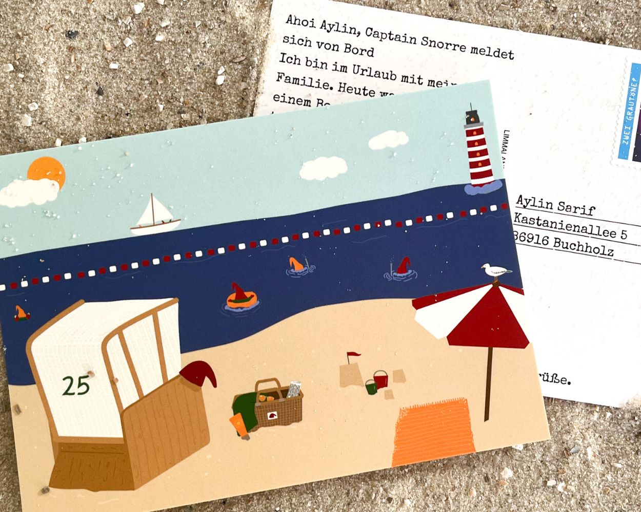 Postkarte vom Wichtel vom Strand