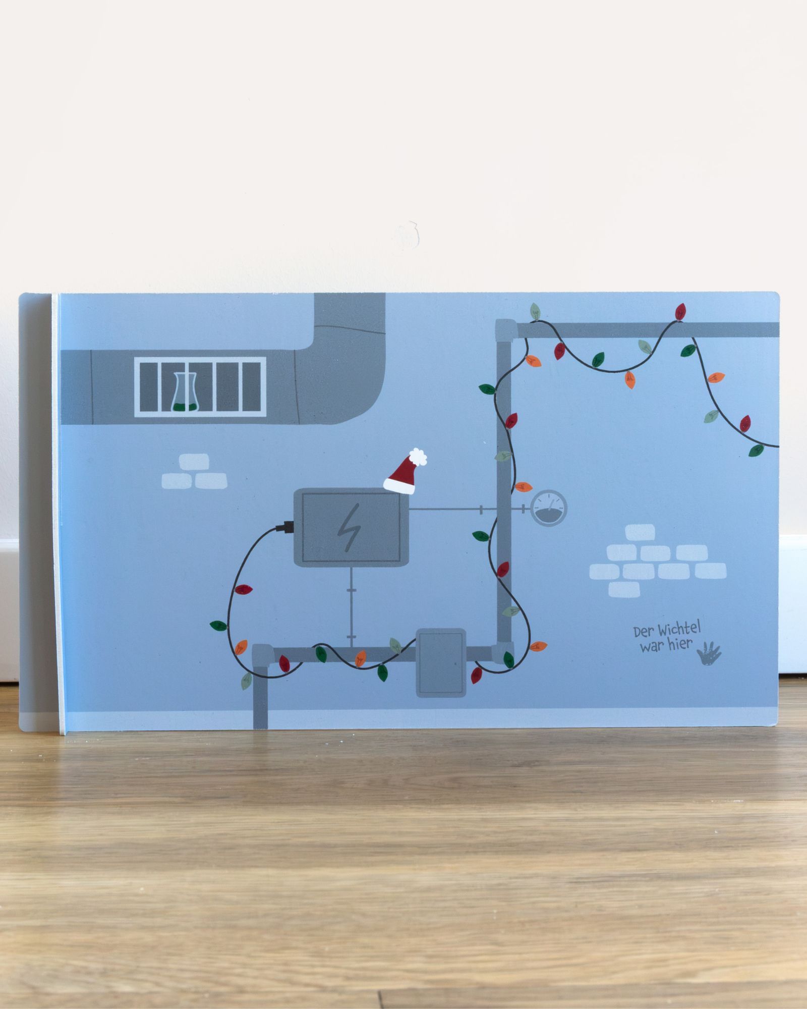 Kinderbuch, Wandbild, Graustufen Blau, Lichterkette, Weihnachtsmannhut