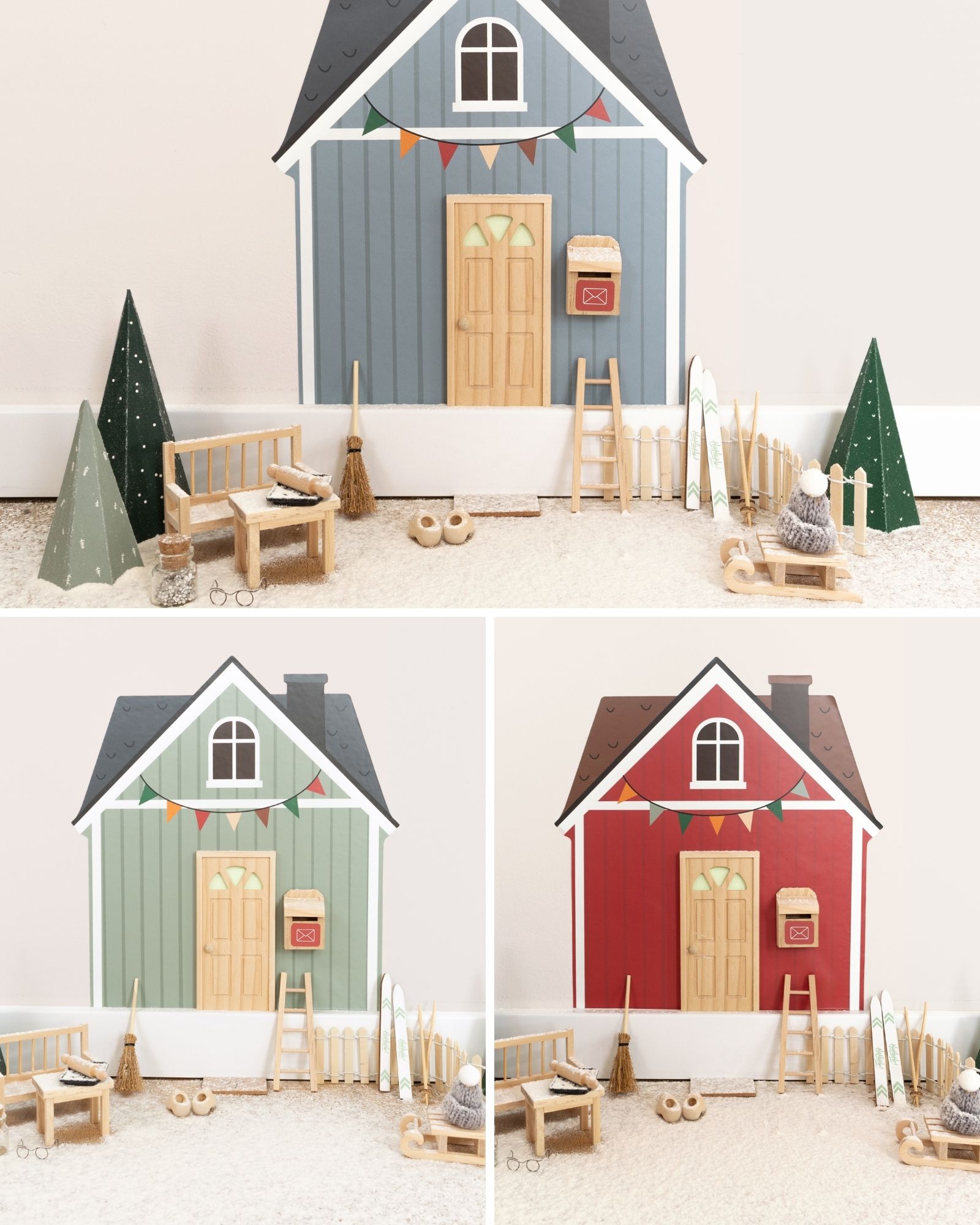 Miniaturhaus, Holzdeko, Ski-Ausrüstung, Schneeszene, Weihnachtliche Deko