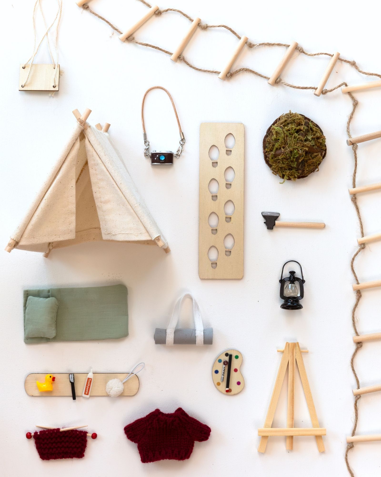 Holzspielzeug, Miniaturwelt, Campingausrüstung, Bastelset, Naturmaterialien
