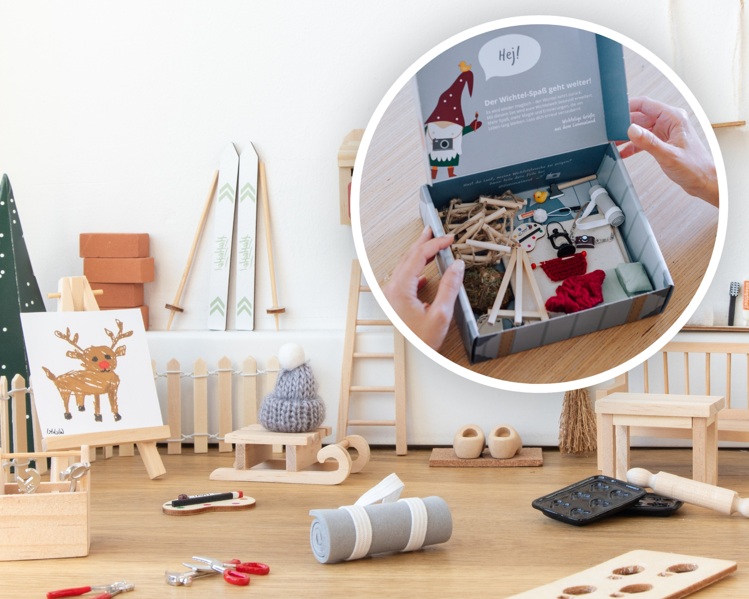 kinderspielzeug, Holzspielzeug, Bastelset, Miniaturwerkzeug, Boxeninhalt