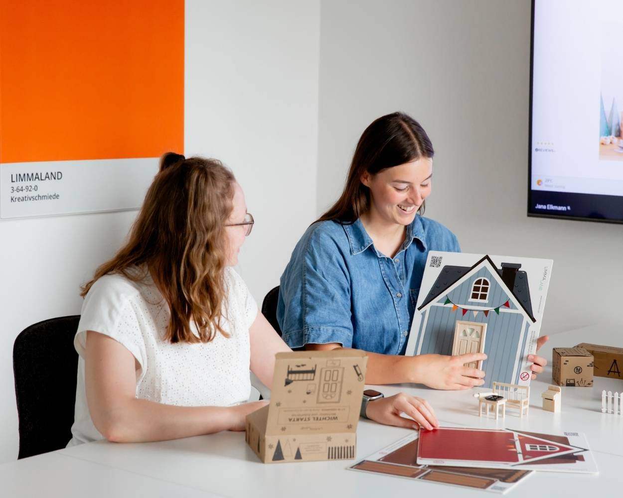 Papphaus, Modellbau, Holzspielzeug, Kartonverpackung, Büro-Setting