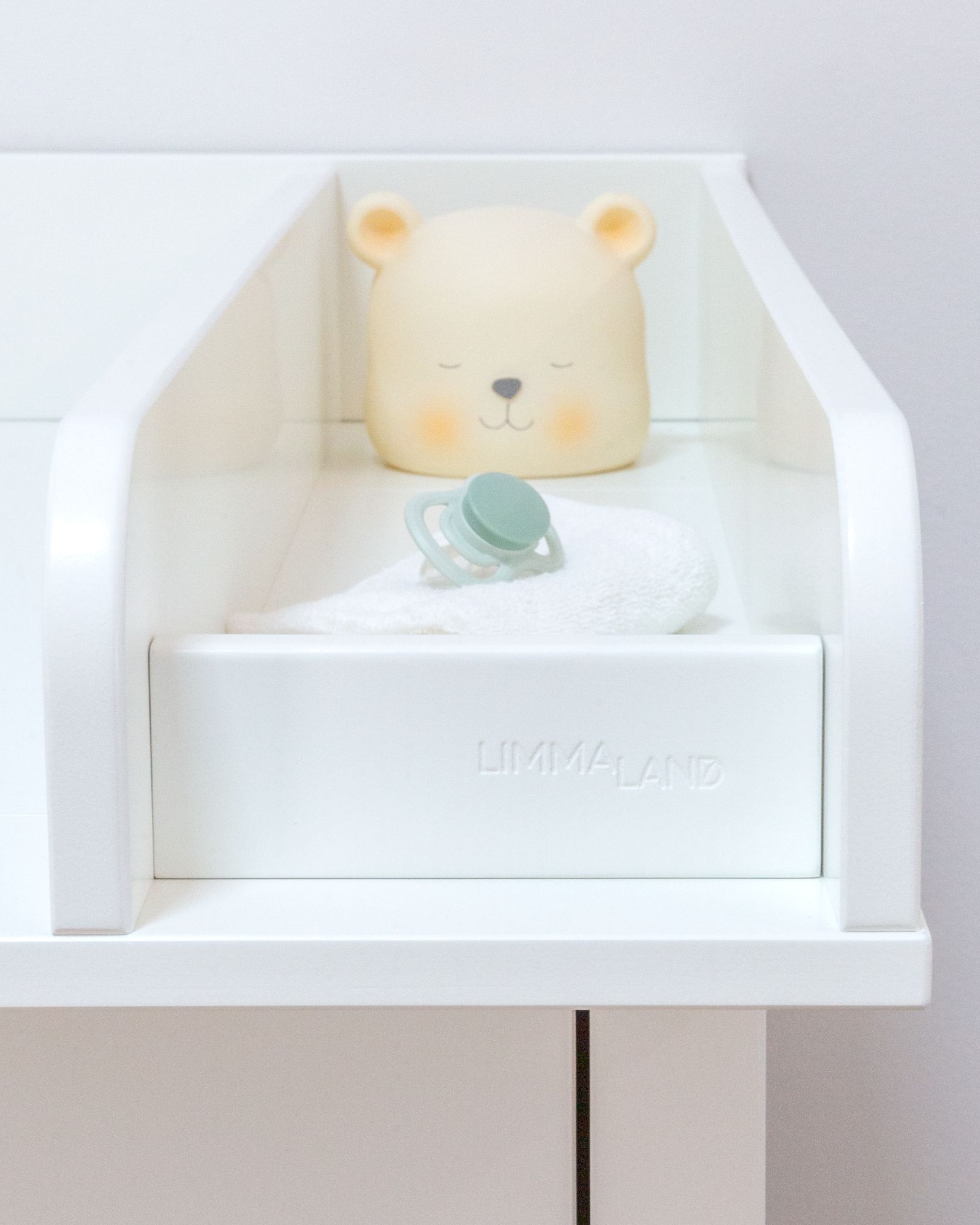 baby pacifier, soft toy, bear head, white shelf, mini nursery