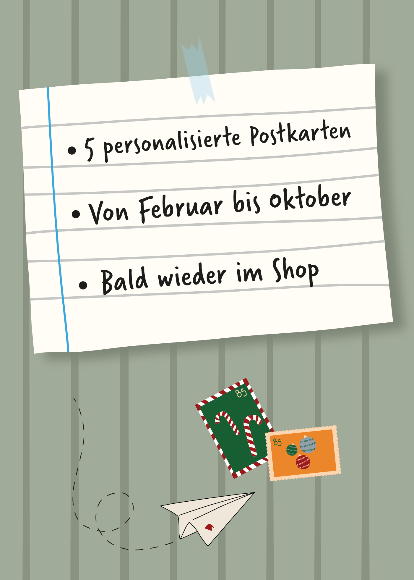 personalisierte Postkarten, Weihnachtsmotiv, Briefmarken, Papierflugzeug