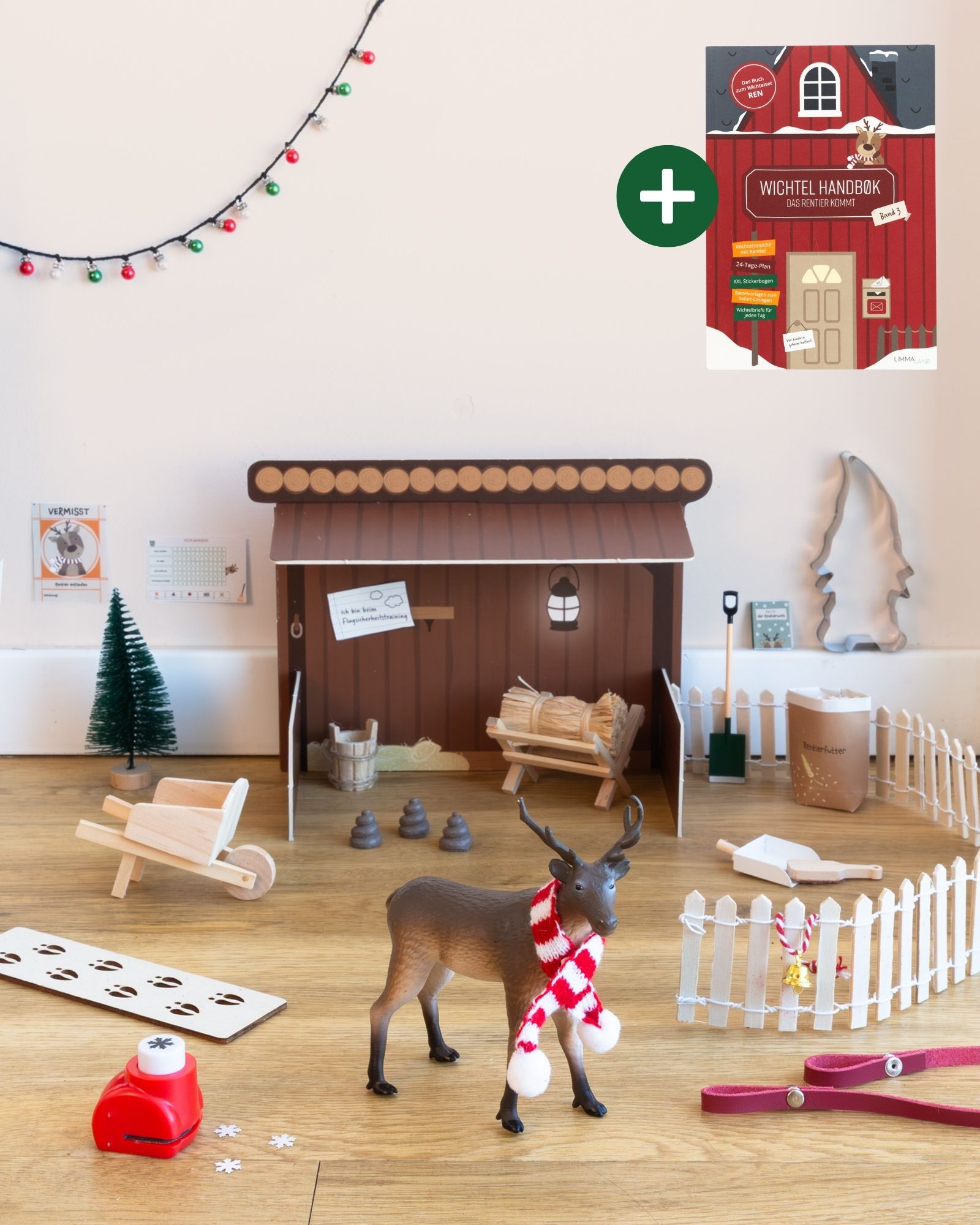 Weihnachtsszene, Holzspielzeug, Rentier, Schlitten, Adventsbastelei